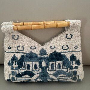 Handcrafted in India Beaded Bag Bamboo Handles Jerusalem Temple Trees NWT